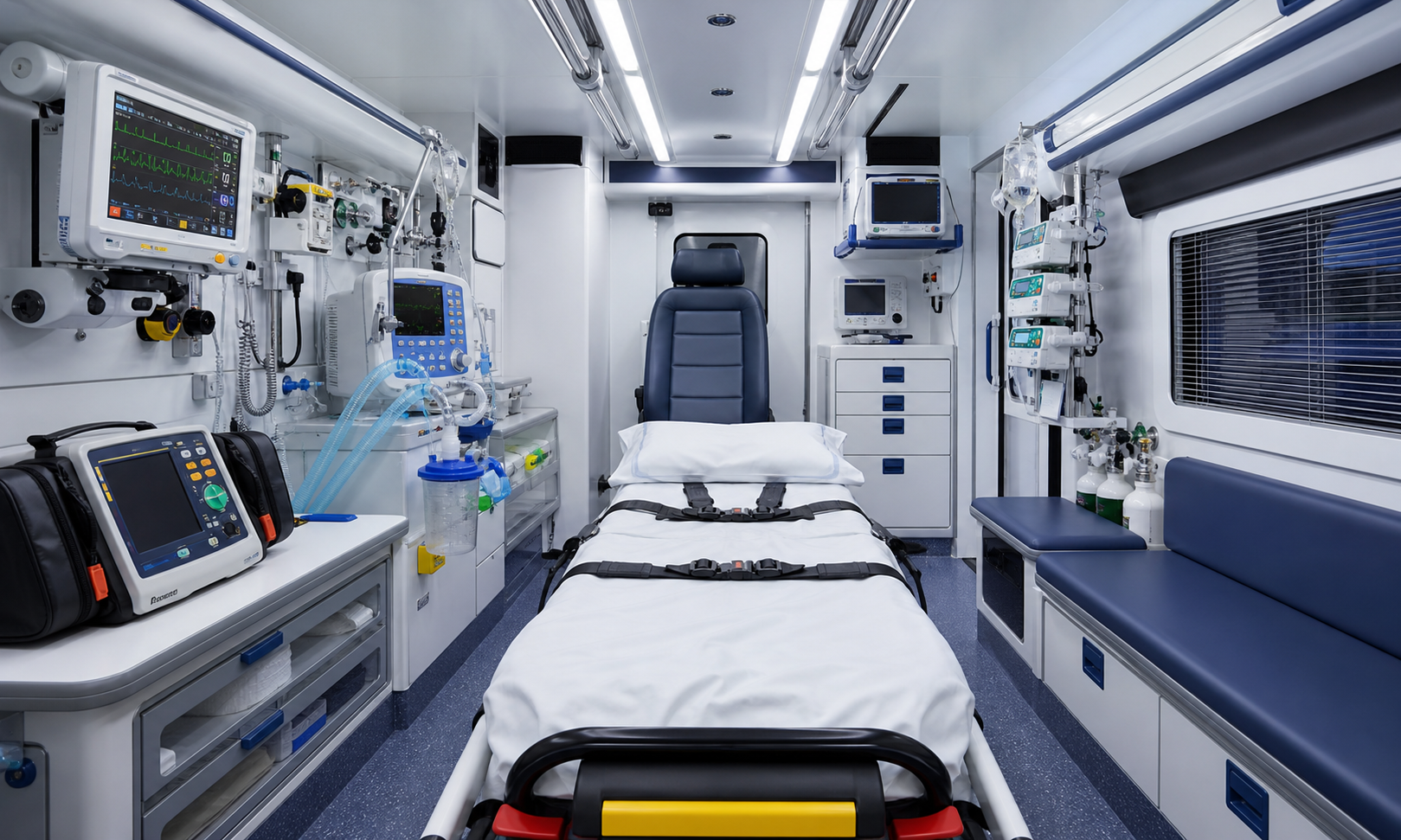 Advanced life support equipment inside a mobile ICU ambulance