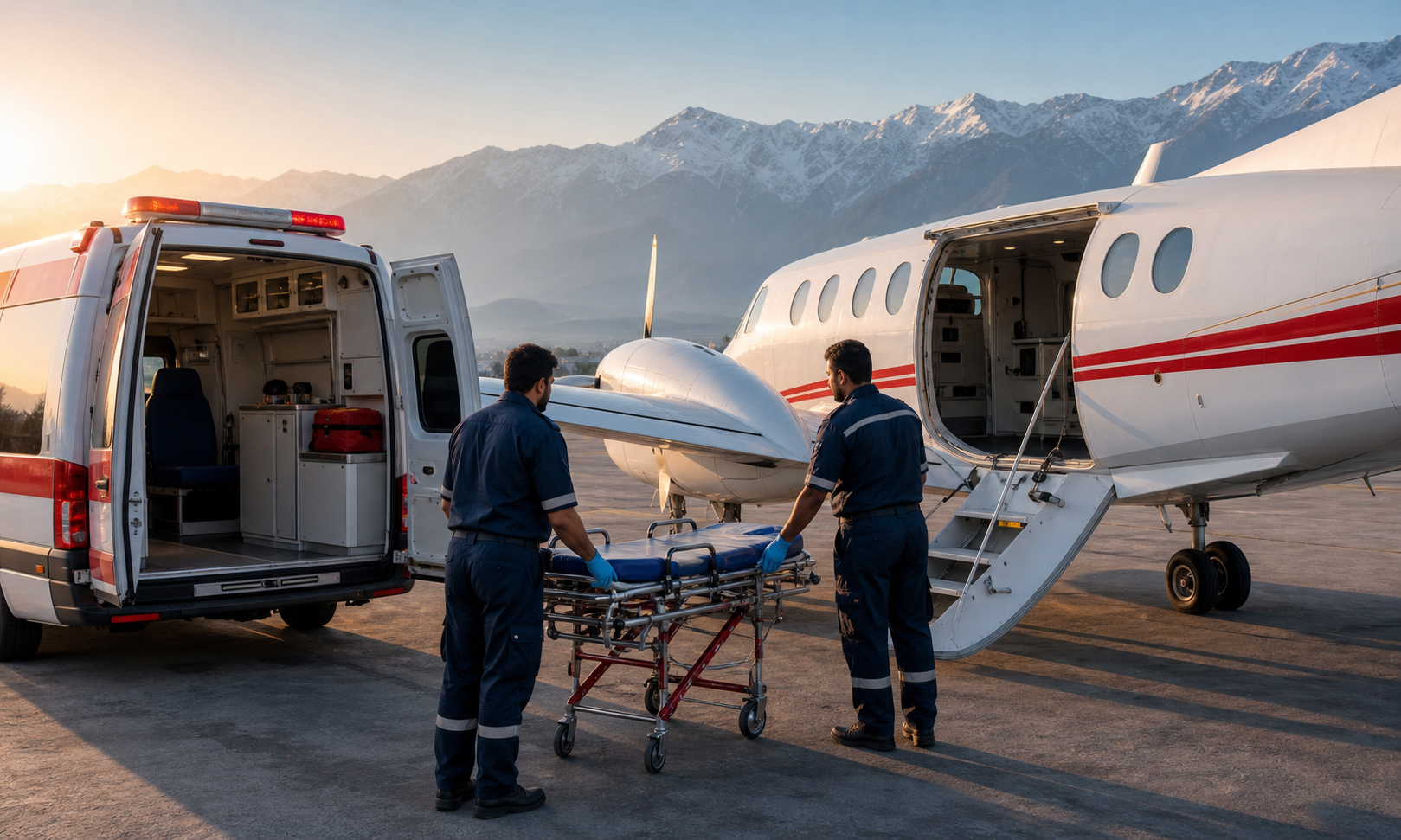 Air ambulance prepared for a long-distance transfer