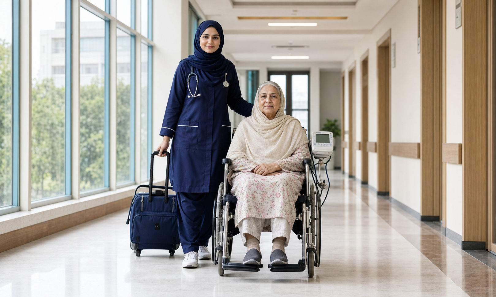 Medical escort accompanying a patient during a safe transfer